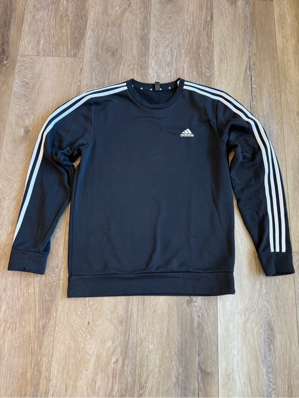 adidas Black Crewneck Sweatshirt with White Three-Stripe Sleeves